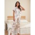 Conjuntos de pijama y pantalones de pijama de manga corta con estampado floral de satén de seda para mujer