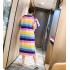 Lindo camisón de algodón de manga larga para mujeres Camisón de rayas gruesas arco iris para damas