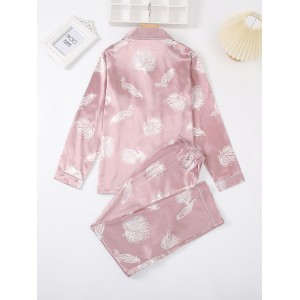 Conjunto de dos piezas con estampado floral de satén cómodo de seda para mujer Conjuntos de pijama con pantalones y tops de manga larga